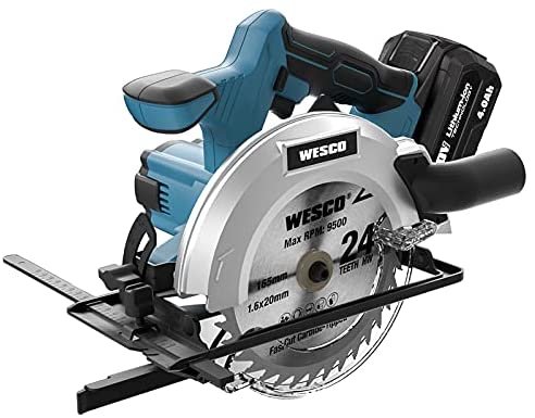 WESCO 20V 4.0Ah Battery Circular Saw, 6-1/2" Cordless Electric Saw, 4000RPM 0-45° Bevel Cutting with Charger, Vacuum Adaptor, Parallel Guide, Wood Cutting Blades(24T / 40T)/WS2316U