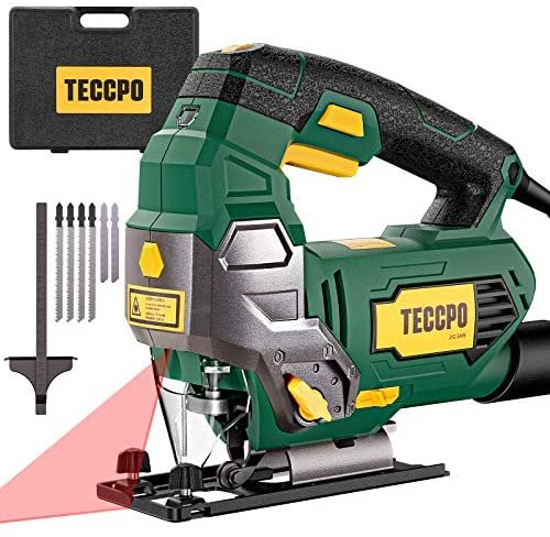 TECCPO 6.5Amp Jigsaw, 3000 SPM Jig saw with Laser, 6 Variable Speed, Tool-free Switching Angle(±45°), 6 Blades, Carrying Case, Scale Ruler, Pure Copper Motor -TAJS01P