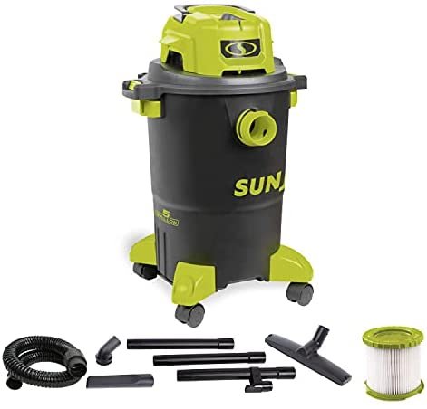 Sun Joe SWD5000 5-Gallon 1200-Watt 7 Peak HP Wet/Dry Shop Vacuum, HEPA Filtration, Wheeled w/Cleaning Attachments, for Home, Workshops, Pet Hair and Auto Use, 5 Gal, Black/Green