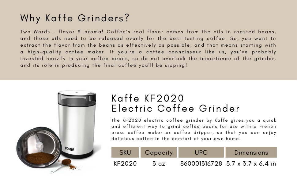 kaffe, grinder, coffee, kf2020, specifics, description, silver, stainless steel
