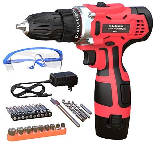 GardenJoy Electric Power Drill Cordless: 12V Impact Drill Driver Set with 2 Variable Speed 3/8'' Keyless Chuck 24+1 Torque Setting 1 Battery Fast Charger Power Tool Kit for Home Improvement