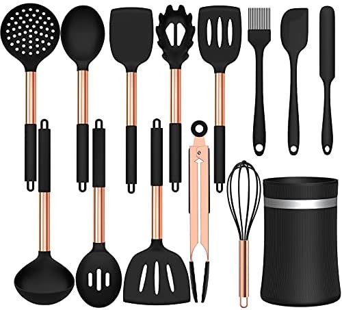 Umite Chef 14 pcs Silicone Cooking Utensils Kitchen Utensil Set - 446°F Heat Resistant, Kitchen Gadgets Tools Set with Copper Stainess Steel Handles for Non-Stick Cookware(Black）