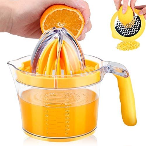 Kuopry Lemon Squeezer Orange Juicer with Measuring Cup, Manual Hand Juicer with Egg Separator and Grater Lid, Multifunctional Citrus Lime Hand Press Juicer - 20 OZ